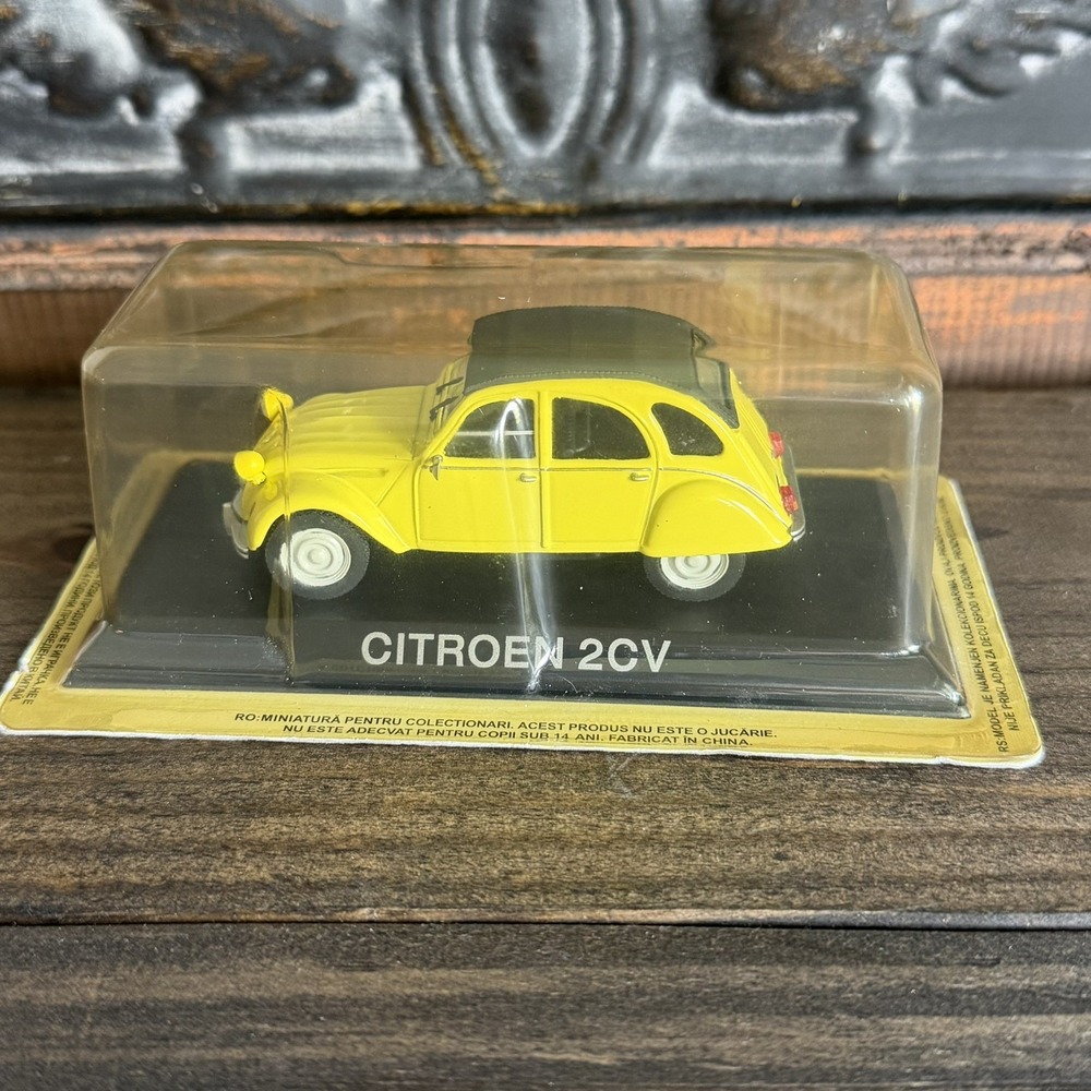 Citroën 2CV Yellow Diecast Model Car Display Case, Unopened Vintage Collectors